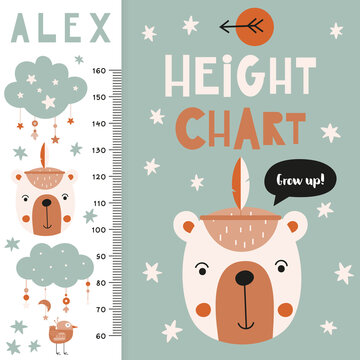 Kids height meter with cute boho animals. Heights for school, kindergarten, nursery design. Vector illustration. Bear head and bird.