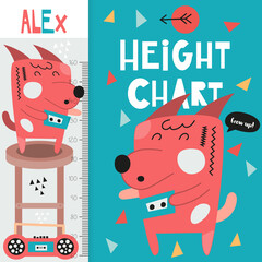 Kids height measure with funny red dog. Heights for school, kindergarten, nursery design. Vector illustration. Cute pets.