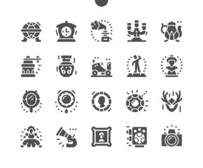 Antiques. Gramophone, candlestick, old coin, porcelain doll, brooch and other. Retro art, classic style, decoration. Vector Solid Icons. Simple Pictogram