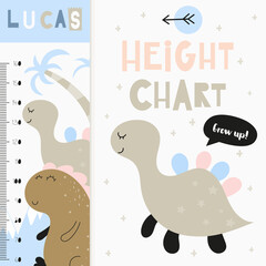 Kids height measure with cute little dinosaur. Heights for school, kindergarten, nursery design. Vector illustration. Funny dino.