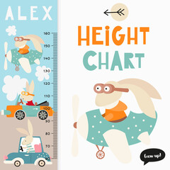 Kids measure chart with cute forest bunny. Heights for school, kindergarten, nursery design. Vector illustration. Woodland animals. Woodland animals.