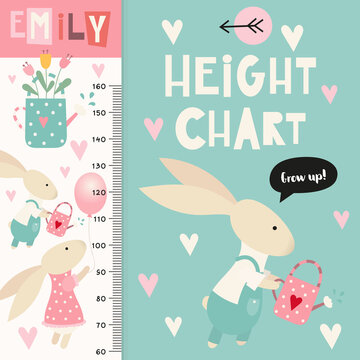 Kids height chart with cute forest animals. Heights for school, kindergarten, nursery design. Vector illustration. Woodland animals. Funny bunny.