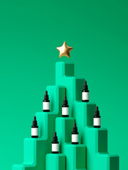 Minimal product background for Christmas and winter holiday concept. Christmas tree podium with golden star on green background. 3d render illustration. Clipping path of each element included.