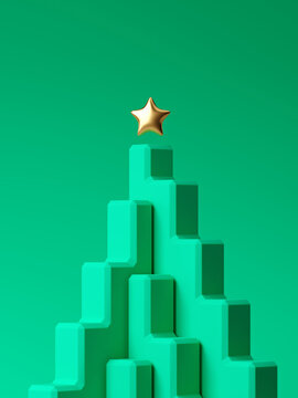 Minimal product background for Christmas and winter holiday concept. Christmas tree with golden star on green background. 3d render illustration. Clipping path of each element included.