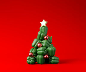Minimal background for Christmas online shopping concept. Christmas tree made of green bell peppers on red background. 3d render illustration. Clipping path of each element included.