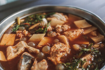 Thai Sour Soup of Giant Sea Catfish Eggs. Thai spicy seafood soup.