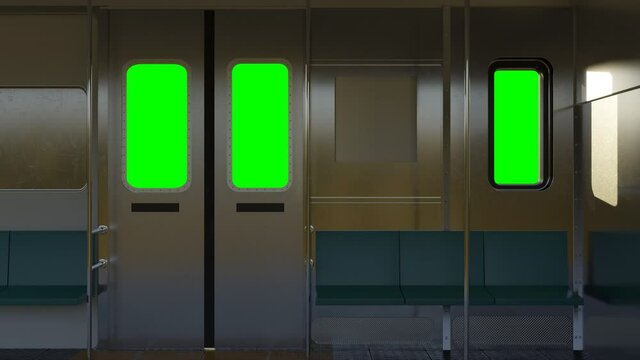 animation of empty train compartment with green screen windows in the evening sunshine