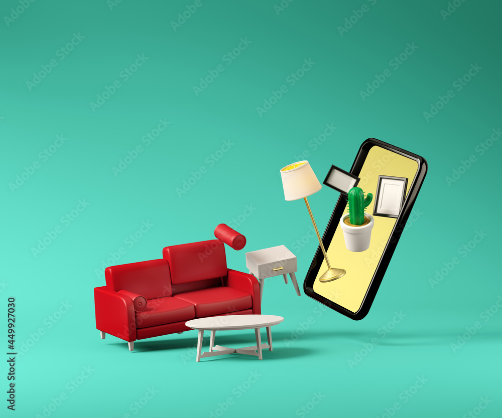 Poster minimal creative background for mobile application concept. mobile phone frame with home furniture o