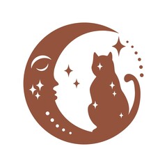 Magic boho face crescent moon with cat, star isolated on white background. Celestial vector flat illustration. Mystical design for tattoo, card, web stories