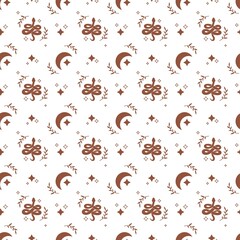 Magical esoteric boho seamless pattern with snake, star, moon, leaf, butterfly. Mystic vector flat illustration. Design for fabric, packaging, astrology, phone case, wrapping