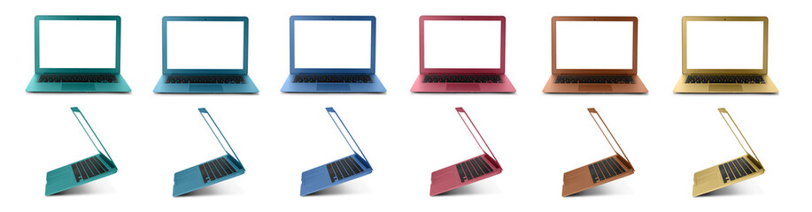 Modern laptops in different colors on white background
