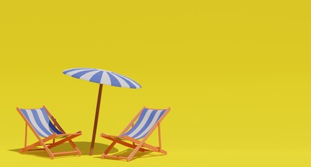 3d rendered. Vacation and travel concept. Beach umbrella, beach chair on the yellow background with copy space