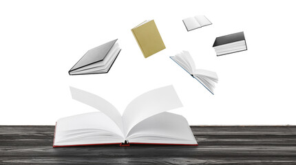 Flying books on white background