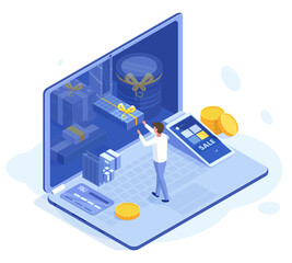 Isometric clients bonus loyalty 3d store program. Online store customer loyalty reward program vector illustration. Shop client loyalty purchase bonuses