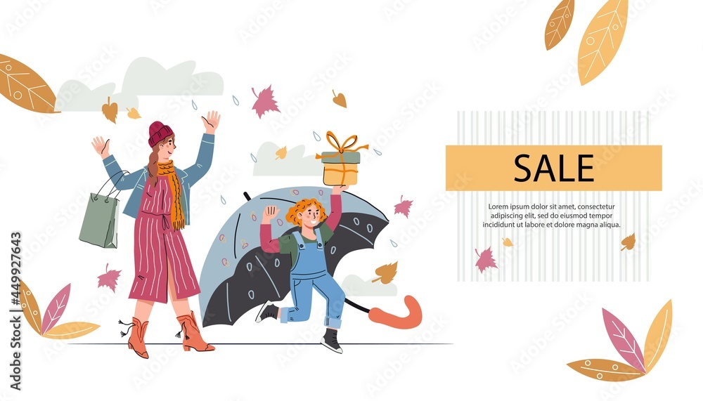 Wall mural Autumn or winter cold season sale website banner. Mother and daughter with umbrella and shopping bags buying goods at Autumn Sale, flat cartoon vector illustration.