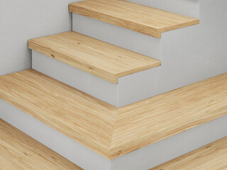 White concrete stairway and wooden step top surface with white plaster wall background in luxury studio scene. Modern showroom interior 3d rendering image for product display.