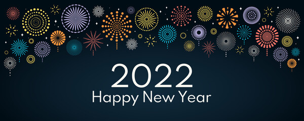 Colorful fireworks 2022 Happy New Year, bright on dark background, with text. Flat style vector illustration. Abstract geometric design. Concept for holiday greeting card, poster, banner, flyer.