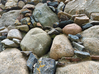 a very old medieval church wall with granite stone