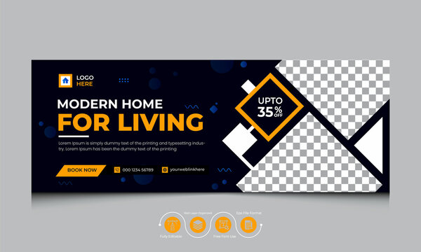Real Estate Banner, Modern Home Sale Facebook Cover Social Media Post, and Web Banner Editable Template Design