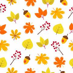 Obraz premium Seamless pattern with fall autumn leaves, acorn and berries. Vector illustration