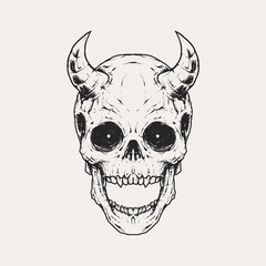 Fototapeta premium Vintage monochrome skull with devil horn in forehead illustration