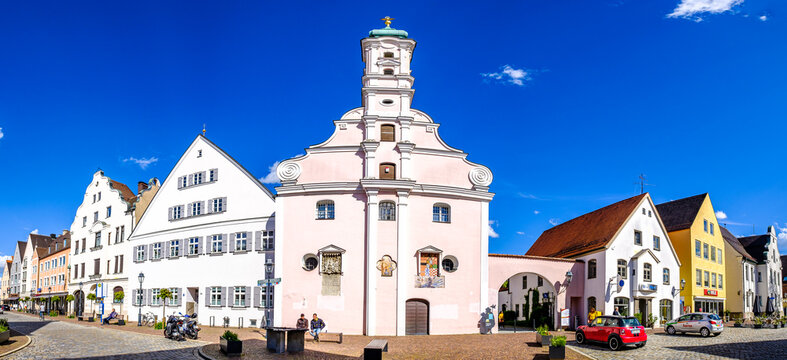 Aichach, Germany - May 22: historic buildings at the old town of Aichach on May 22, 2021