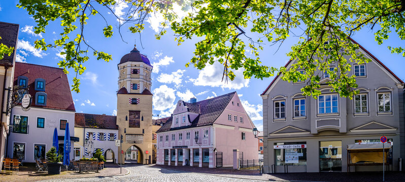 Aichach, Germany - May 22: historic buildings at the old town of Aichach on May 22, 2021