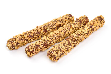 Chocolate sticks with peanut pieces, isolated on white background. High resolution image.