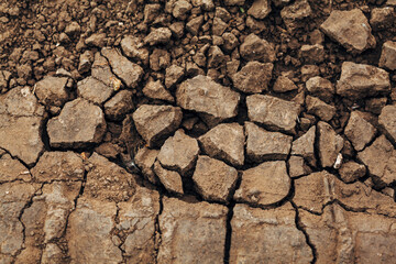 cracks and depressions from soil erosion on a hot dry day