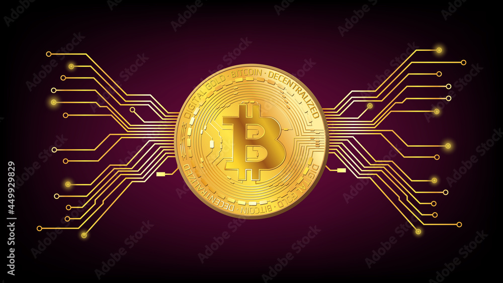 Wall mural detailed gold coin bitcoin btc token with pcb tracks on dark red background. digital gold in techno 