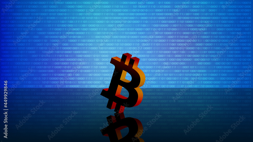 Poster bitcoin btc token symbol on mirror floor on blue digital background with copy space. for news on web