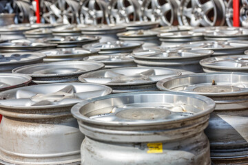 Wheel disks closeup, sale of disks in the showroom. Chrome wheels modern exclusive design.used...