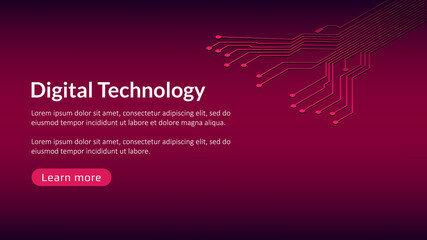 Digital technology template with copy space and button for websites, news or articles. PCB circuit board design element for banner on red background.