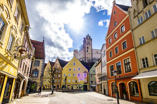 Fussen, Germany - March 12: old town with historic buildings of fussen on March 12, 2021