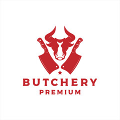 butchery logo design vector with bull head and knife icon