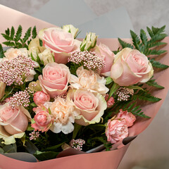 Fresh bouquet of colorful mixed flowers. European floral shop concept. Flowers delivery