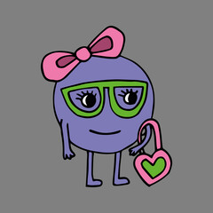 funny girl character with different emotions. The girls are holding different cosmetics in their hands. Girl in glasses. In her hands she holds a handbag heart. Vector. Isolated over white background