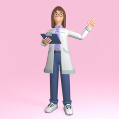 Cute female doctor holding a tablet in her hands. Medical worker. Minimal stylized artistic style. 3D render on a pink background
