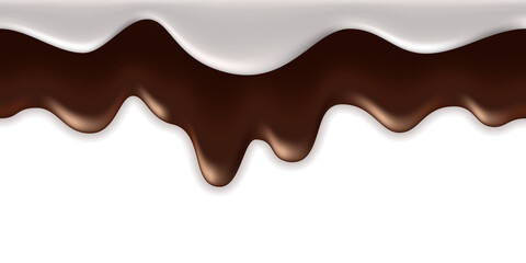 Melted chocolate and milk cream drip flow. Dark brown choco and milky waves on white background. Liquid flowing syrup texture. Vector illustration