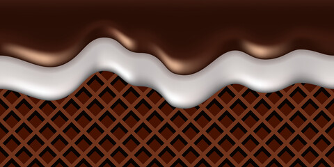 Melt chocolate and milk drip on waffle background. Liquid dark brown chocolate flow and white cream milk wave, sweet dessert with ricing, delicious candy .. Vector illustration