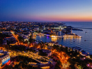 Night Sevastopol skyline, aerial view of the Sevastopol bay and embankment
