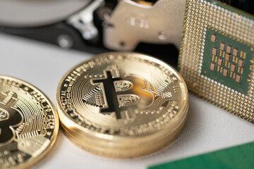 Bitcoin next to cpu, microprocessor, computing power to calculate block chain and crypto currency