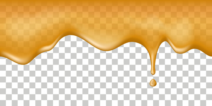 Honey drip flow.. Oil, honey,caramel, maple syrup or sauce splash wave, Liquid texture with droplet, isolated on transparent background. Vector illustration