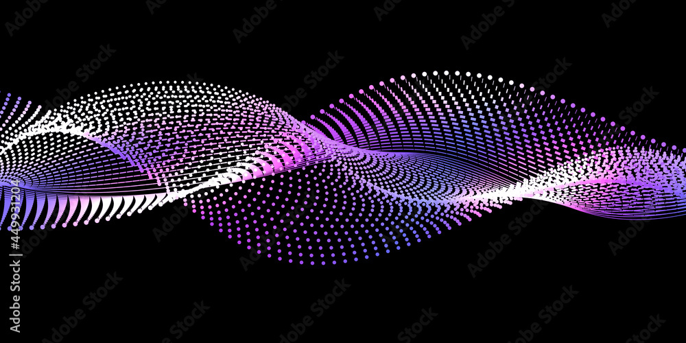 Wall mural Purple nano wave with dot particles and glowing light effect. Nano technology, bi data science, cyber space network. Abstract background. Vector illustration