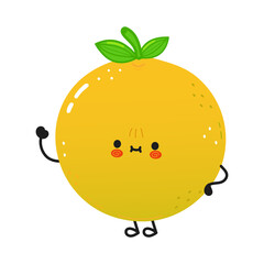 Cute funny grapefruit waving hand character. Vector hand drawn cartoon kawaii character illustration icon. Isolated on white background. Grapefruit character concept