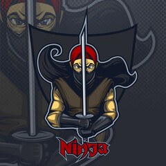 Ninja with katana on a dark background, logo esport team.