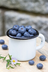 frische Blaubeeren in rustikaler Tasse