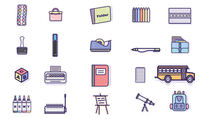 Set of different school supplies icons