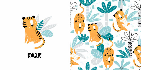 Obraz na płótnie Canvas Vector hand-drawn seamless repeating color childish pattern with wild cats, plants and palms in Scandinavian style on a white background. Print with tigers and jaguars for kids wear. Jungle.