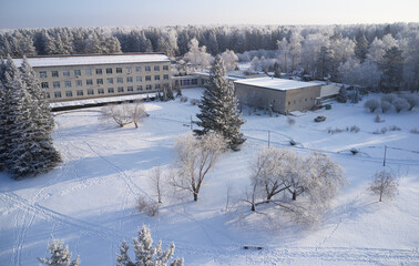 Aerial photo panorama of Central Siberian botanical garden in winter season.